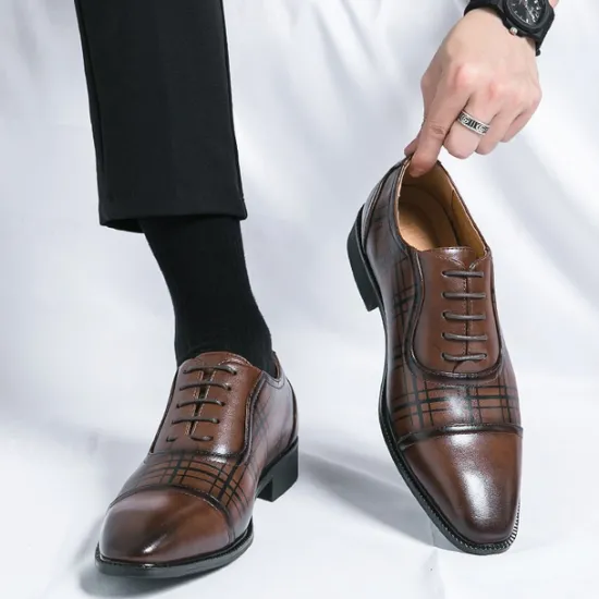 Clearance OUKU Men's Brown Plaid Pattern Oxford Dress Shoes – Faux Leather Lace-Up Formal Shoes for Office and Business Wear