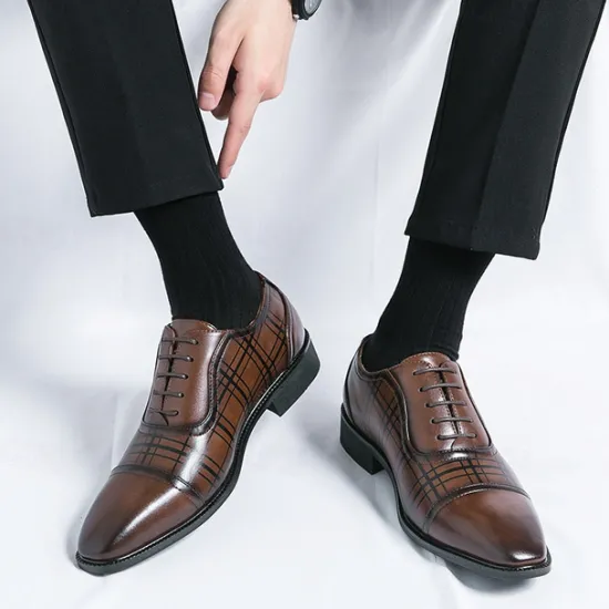Clearance OUKU Men's Brown Plaid Pattern Oxford Dress Shoes – Faux Leather Lace-Up Formal Shoes for Office and Business Wear