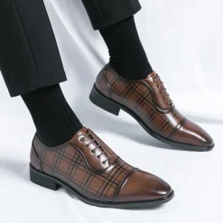 Clearance OUKU Men's Brown Plaid Pattern Oxford Dress Shoes – Faux Leather Lace-Up Formal Shoes for Office and Business Wear
