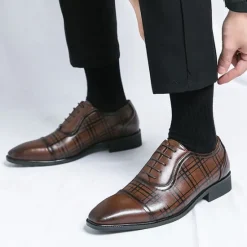 Clearance OUKU Men's Brown Plaid Pattern Oxford Dress Shoes – Faux Leather Lace-Up Formal Shoes for Office and Business Wear