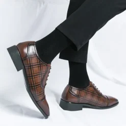 Clearance OUKU Men's Brown Plaid Pattern Oxford Dress Shoes – Faux Leather Lace-Up Formal Shoes for Office and Business Wear