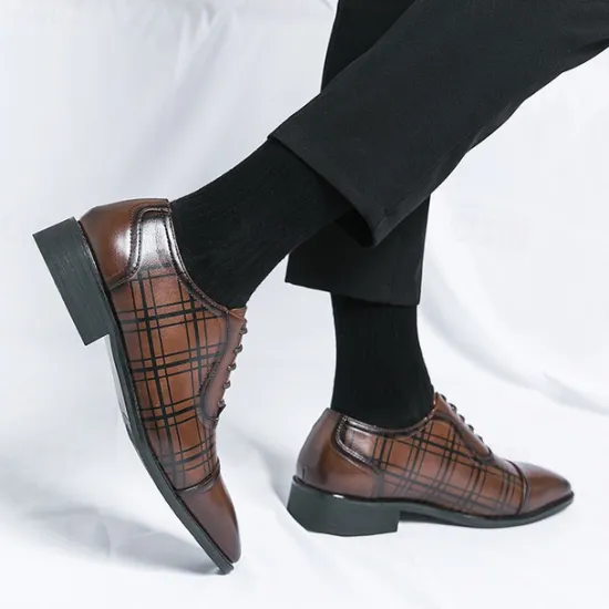 Clearance OUKU Men's Brown Plaid Pattern Oxford Dress Shoes – Faux Leather Lace-Up Formal Shoes for Office and Business Wear