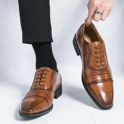 Clearance OUKU Men's Brown Plaid Pattern Oxford Dress Shoes – Faux Leather Lace-Up Formal Shoes for Office and Business Wear