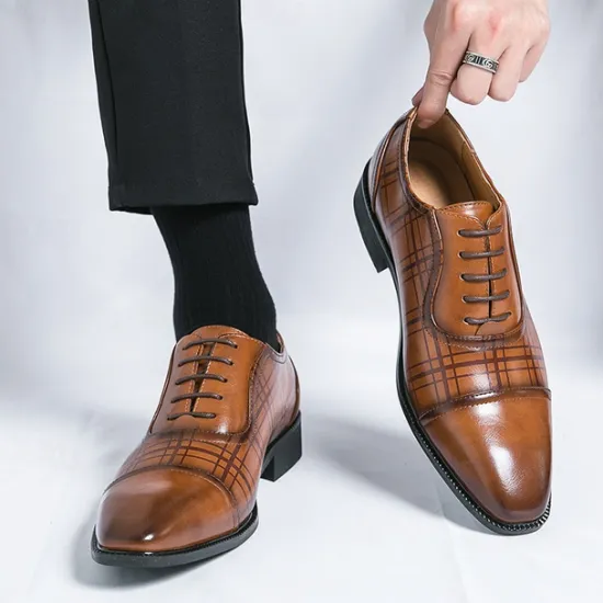 Clearance OUKU Men's Brown Plaid Pattern Oxford Dress Shoes – Faux Leather Lace-Up Formal Shoes for Office and Business Wear
