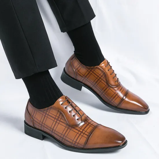 Clearance OUKU Men's Brown Plaid Pattern Oxford Dress Shoes – Faux Leather Lace-Up Formal Shoes for Office and Business Wear