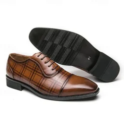Clearance OUKU Men's Brown Plaid Pattern Oxford Dress Shoes – Faux Leather Lace-Up Formal Shoes for Office and Business Wear