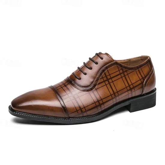 Clearance OUKU Men's Brown Plaid Pattern Oxford Dress Shoes – Faux Leather Lace-Up Formal Shoes for Office and Business Wear