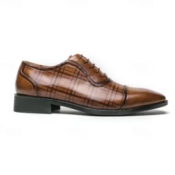 Clearance OUKU Men's Brown Plaid Pattern Oxford Dress Shoes – Faux Leather Lace-Up Formal Shoes for Office and Business Wear