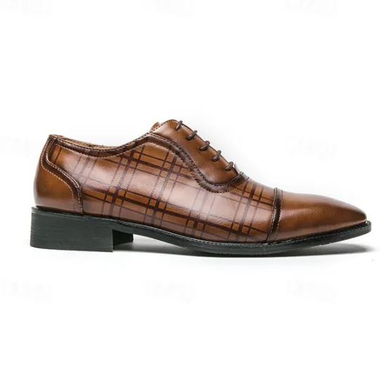 Clearance OUKU Men's Brown Plaid Pattern Oxford Dress Shoes – Faux Leather Lace-Up Formal Shoes for Office and Business Wear