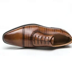 Clearance OUKU Men's Brown Plaid Pattern Oxford Dress Shoes – Faux Leather Lace-Up Formal Shoes for Office and Business Wear