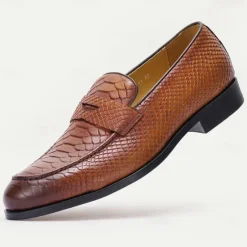 Clearance OUKU Men's Premium Cowhide Leather Loafers with Textured Snake Skin Design, Slip-On Comfort, Stylish and Versatile for Casual and Formal Occasions Brown