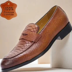 Clearance OUKU Men's Premium Cowhide Leather Loafers with Textured Snake Skin Design, Slip-On Comfort, Stylish and Versatile for Casual and Formal Occasions Brown
