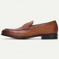 Clearance OUKU Men's Premium Cowhide Leather Loafers with Textured Snake Skin Design, Slip-On Comfort, Stylish and Versatile for Casual and Formal Occasions Brown