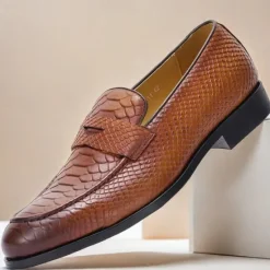 Clearance OUKU Men's Premium Cowhide Leather Loafers with Textured Snake Skin Design, Slip-On Comfort, Stylish and Versatile for Casual and Formal Occasions Brown