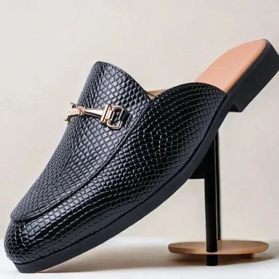 New OUKU Men's Brown Snake Pattern Loafers – Slip-On Faux Leather Mules with Metal Buckle for Casual and Formal Wear Black