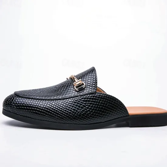 New OUKU Men's Brown Snake Pattern Loafers – Slip-On Faux Leather Mules with Metal Buckle for Casual and Formal Wear Black
