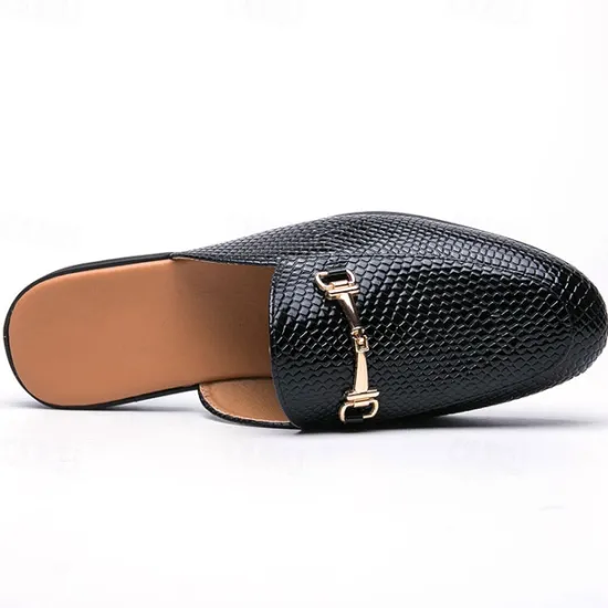 New OUKU Men's Brown Snake Pattern Loafers – Slip-On Faux Leather Mules with Metal Buckle for Casual and Formal Wear Black