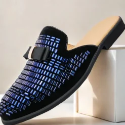 Discount OUKU Men's Brown Suede Slip-On Mules with Metallic Gold Studded Design and Bow Accent – Stylish Casual Loafers for Everyday Wear and Special Occasions