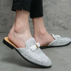 Discount OUKU Men's Brown Suede Slip-On Mules with Metallic Gold Studded Design and Bow Accent – Stylish Casual Loafers for Everyday Wear and Special Occasions