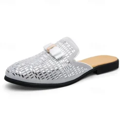 Discount OUKU Men's Brown Suede Slip-On Mules with Metallic Gold Studded Design and Bow Accent – Stylish Casual Loafers for Everyday Wear and Special Occasions