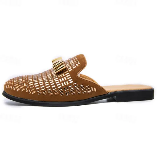 Discount OUKU Men's Brown Suede Slip-On Mules with Metallic Gold Studded Design and Bow Accent – Stylish Casual Loafers for Everyday Wear and Special Occasions