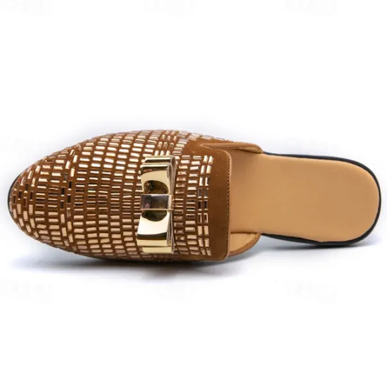 Discount OUKU Men's Brown Suede Slip-On Mules with Metallic Gold Studded Design and Bow Accent – Stylish Casual Loafers for Everyday Wear and Special Occasions