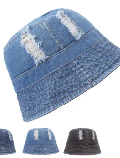 Clearance OUKU Men's Bucket Hat Sun Hat Black Deep Blue Denim Ripped Streetwear Stylish Casual Outdoor Daily Outdoor clothing Plain Sunscreen Lightweight Quick Dry