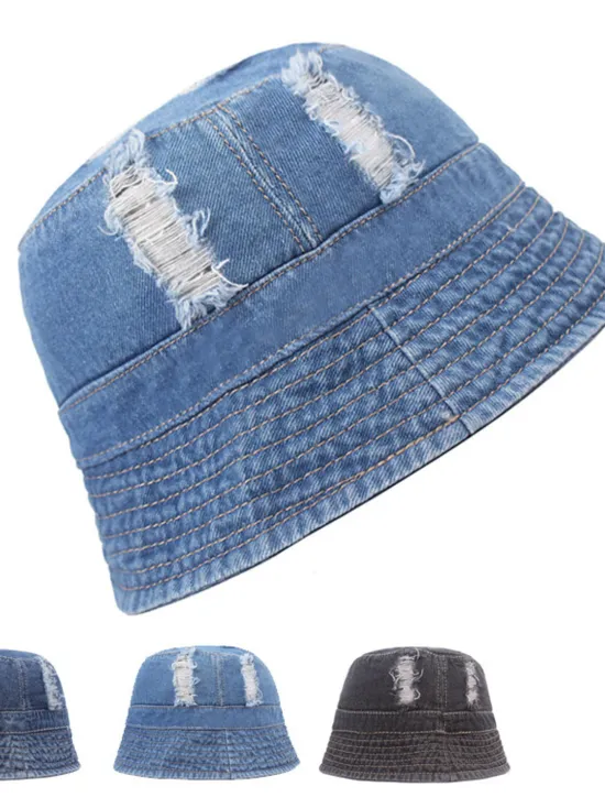 Clearance OUKU Men's Bucket Hat Sun Hat Black Deep Blue Denim Ripped Streetwear Stylish Casual Outdoor Daily Outdoor clothing Plain Sunscreen Lightweight Quick Dry