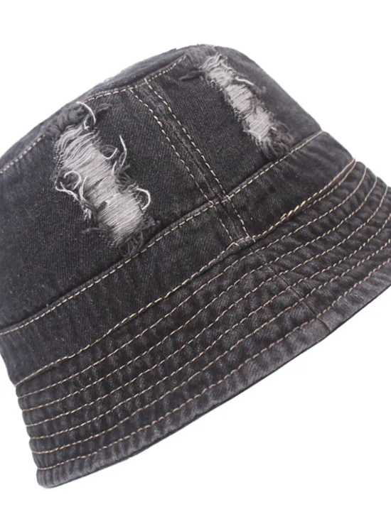 Clearance OUKU Men's Bucket Hat Sun Hat Black Deep Blue Denim Ripped Streetwear Stylish Casual Outdoor Daily Outdoor clothing Plain Sunscreen Lightweight Quick Dry