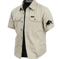 Clearance OUKU Men's Bull Work Shirt Western Shirt Cargo Shirt Short Sleeve Casual Tactical Sports Outdoor WorkWear Summer Spring Turndown Front Two Pockets Cotton Button Up Shirts Army Green Khaki Dark Blue Beige