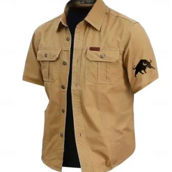 Clearance OUKU Men's Bull Work Shirt Western Shirt Cargo Shirt Short Sleeve Casual Tactical Sports Outdoor WorkWear Summer Spring Turndown Front Two Pockets Cotton Button Up Shirts Army Green Khaki Dark Blue Beige