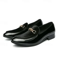 Online OUKU Men's Burgundy Velvet Loafers with Gold Chain Detail – Elegant Slip-On Dress Shoes for Formal Events and Parties