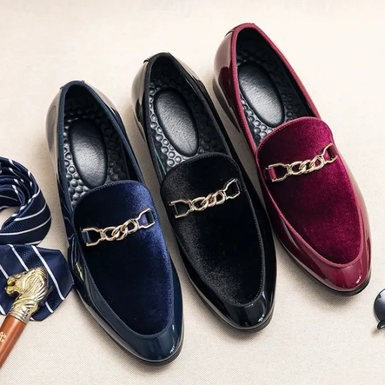 Online OUKU Men's Burgundy Velvet Loafers with Gold Chain Detail – Elegant Slip-On Dress Shoes for Formal Events and Parties