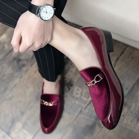 Online OUKU Men's Burgundy Velvet Loafers with Gold Chain Detail – Elegant Slip-On Dress Shoes for Formal Events and Parties