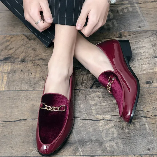 Online OUKU Men's Burgundy Velvet Loafers with Gold Chain Detail – Elegant Slip-On Dress Shoes for Formal Events and Parties
