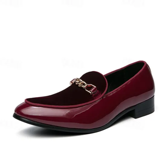Online OUKU Men's Burgundy Velvet Loafers with Gold Chain Detail – Elegant Slip-On Dress Shoes for Formal Events and Parties