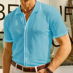 New OUKU Men's Business Polo Golf Polo Business Casual Lapel Short Sleeve Office Solid / Plain Color Button Front Summer Black Sky Blue Apricot Business Polo