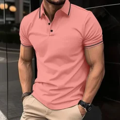 OUKU Men's Business Polo Golf Shirt Business Casual Ribbed Polo Collar Short Sleeve Solid Color Buttons Summer Spring & Fall Light Pink Dark Pink Black White Light Green Dark navy Business Polo