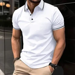 OUKU Men's Business Polo Golf Shirt Business Casual Ribbed Polo Collar Short Sleeve Solid Color Buttons Summer Spring & Fall Light Pink Dark Pink Black White Light Green Dark navy Business Polo