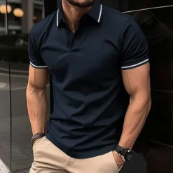 OUKU Men's Business Polo Golf Shirt Business Casual Ribbed Polo Collar Short Sleeve Solid Color Buttons Summer Spring & Fall Light Pink Dark Pink Black White Light Green Dark navy Business Polo