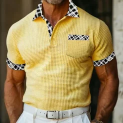OUKU Men's Business Polo Golf Shirt Work Casual Lapel Classic Short Sleeve Basic Modern Color Block Patchwork Button Spring & Summer Regular Fit Light Yellow milk white khaki Gray Business Polo