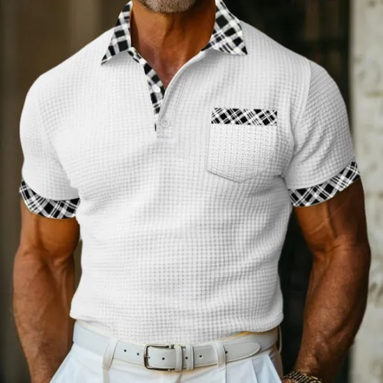 OUKU Men's Business Polo Golf Shirt Work Casual Lapel Classic Short Sleeve Basic Modern Color Block Patchwork Button Spring & Summer Regular Fit Light Yellow milk white khaki Gray Business Polo