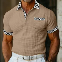 OUKU Men's Business Polo Golf Shirt Work Casual Lapel Classic Short Sleeve Basic Modern Color Block Patchwork Button Spring & Summer Regular Fit Light Yellow milk white khaki Gray Business Polo
