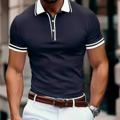Outlet OUKU Men's Business Polo Pique Polo Shirt Business Casual Ribbed Polo Collar Classic Short Sleeve Color Block Patchwork Embroidered Summer Spring & Fall Dark Grey Black Burgundy Navy Blue Royal Blue