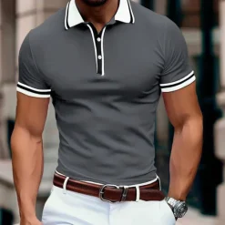 Outlet OUKU Men's Business Polo Pique Polo Shirt Business Casual Ribbed Polo Collar Classic Short Sleeve Color Block Patchwork Embroidered Summer Spring & Fall Dark Grey Black Burgundy Navy Blue Royal Blue