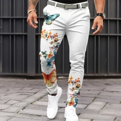 Clearance OUKU Men's Butterfly Dress Pants Mid Waist Fashion Casual Dailywear Vacation Zipper Pocket Summer Spring Fall 3D Print White