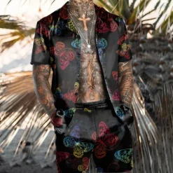 Hot OUKU Men's Butterfly Leaves 2pcs Shirts Sets Summer Hawaiian Shirt Short Sleeve Short Pants Cuban Collar Tropical Fashion Hawaiian Casual Holiday Beach Print Summer Spring Black Black / Green Light Green