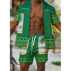 Hot OUKU Men's Butterfly Leaves 2pcs Shirts Sets Summer Hawaiian Shirt Short Sleeve Short Pants Cuban Collar Tropical Fashion Hawaiian Casual Holiday Beach Print Summer Spring Black Black / Green Light Green