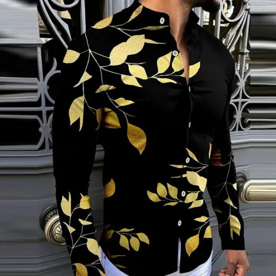 Discount OUKU Men's Butterfly Leaves Shirt Button Up Shirt Long Sleeve Fashion Designer Casual Outdoor Casual Daily Summer Spring Turndown Print Button-Down Yellow Gold