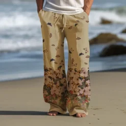 Clearance OUKU Men's Butterfly Linen Pants Pants Trousers Baggy Pants Mid Waist Vintage Outdoor Daily Wear Streetwear Fall & Winter Black Blue Green